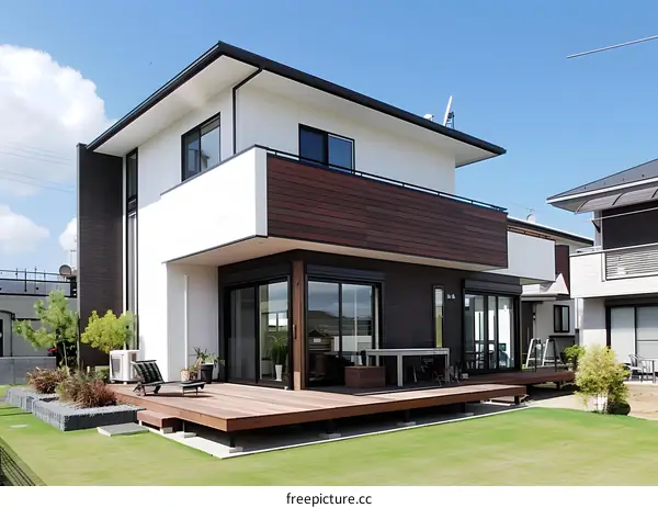 Modern House with Wooden Deck and Large Windows