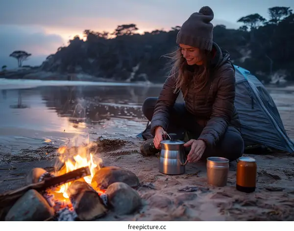 woman camping alone near the beach