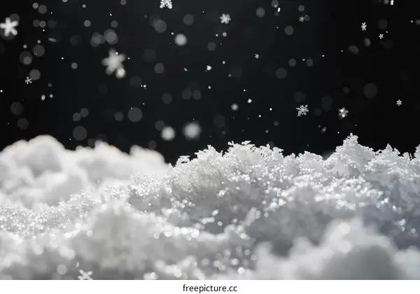 Close-up of snowflakes falling on snow