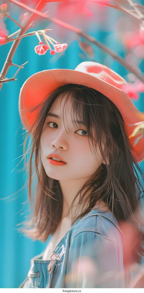 Young Asian Woman Wearing a Pink Hat and a Denim Jacket