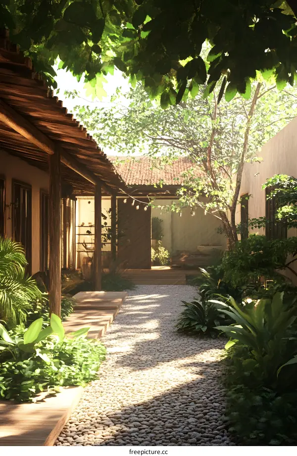 Stone Pathway Leading to a Tropical Garden