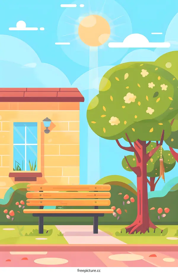 Sunny Day Illustration with House and Bench