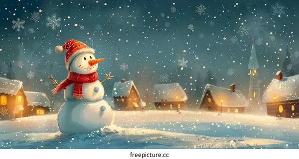 A cute snowman in a charming snowy Christmas village at night