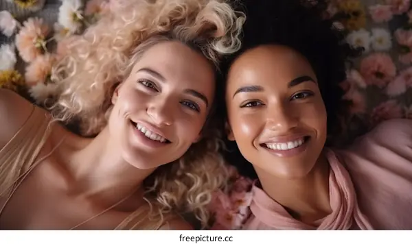 Two young women of different ethnicities lying on a bed of flowers