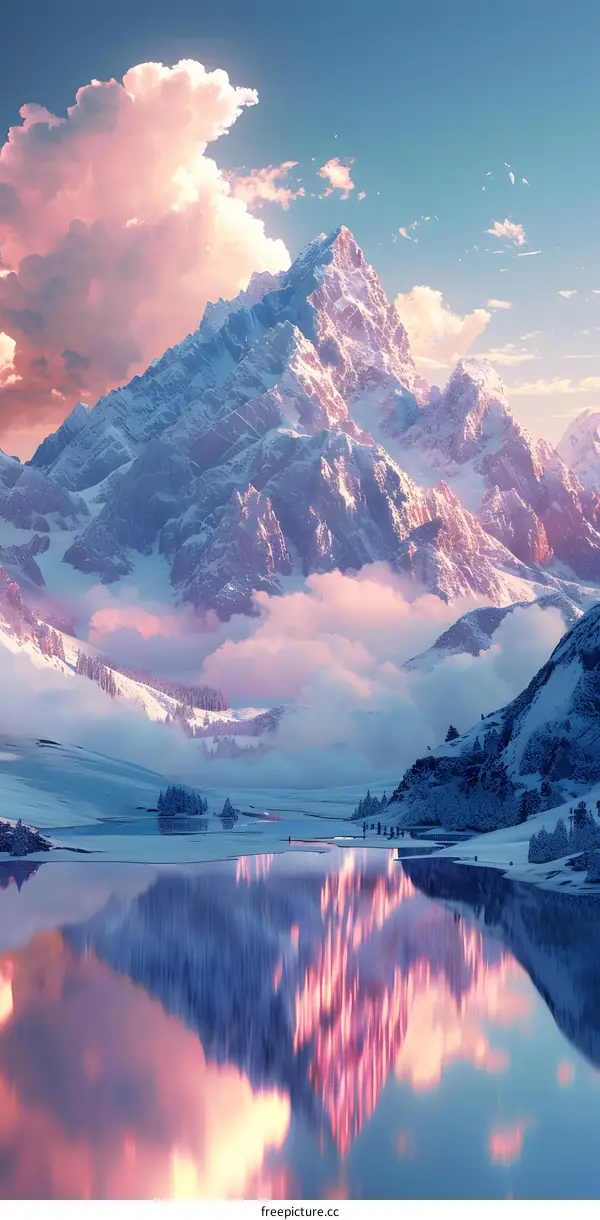 The snow-capped mountains are reflected in the lake, the lake is as calm as a mirror, the sky is blue, the clouds are渺渺, and the scenery is magnificent and beautiful