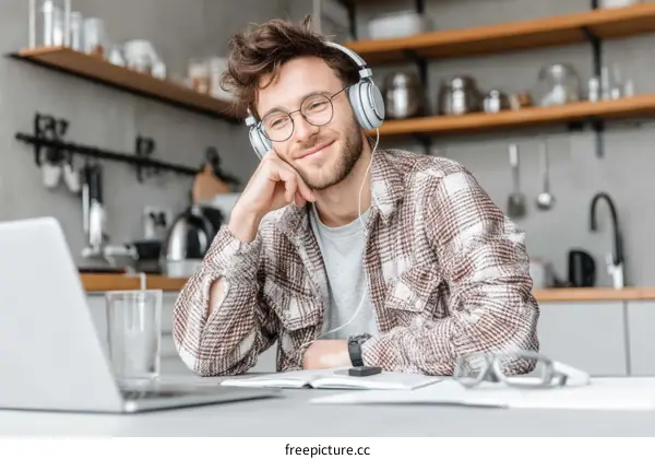 Young Man Listening to Music in Kitchen