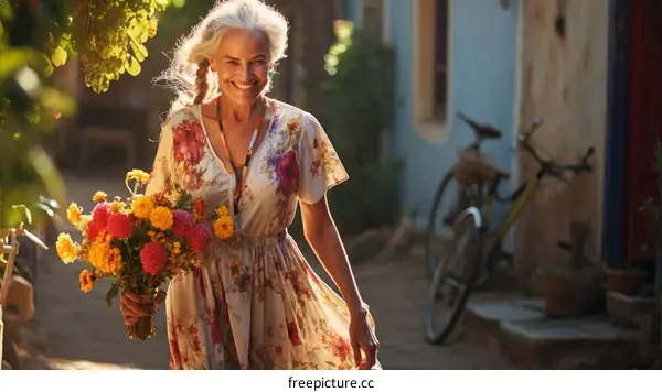 An elderly woman with long gray hair smiles while holding a bouquet of flowers