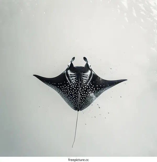 A black and white stingray is swimming in the ocean.