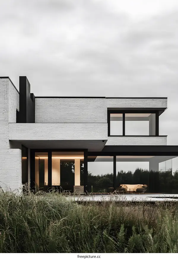 Modern White Brick House with Large Windows and Black Accents