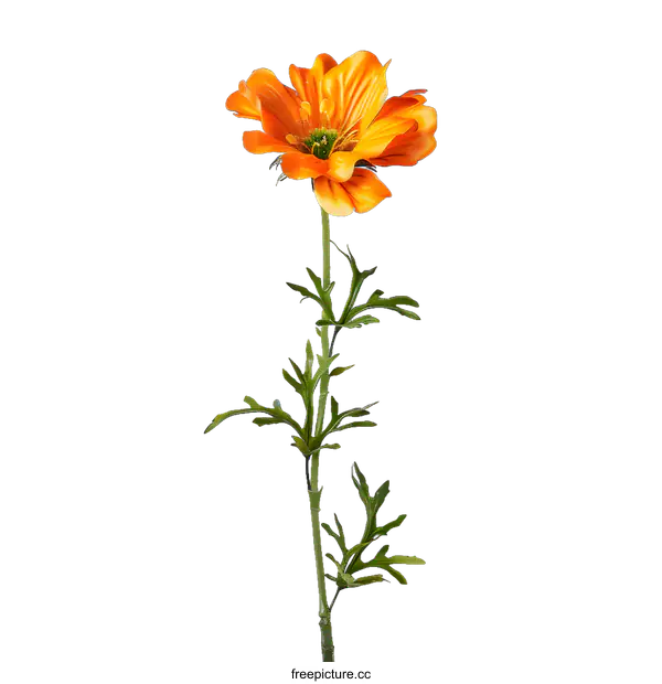 [Transparent Background PNG]Single Orange Flower Stem with Green Leaves Against White Background
