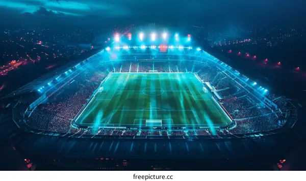 Aerial view of a soccer stadium at night