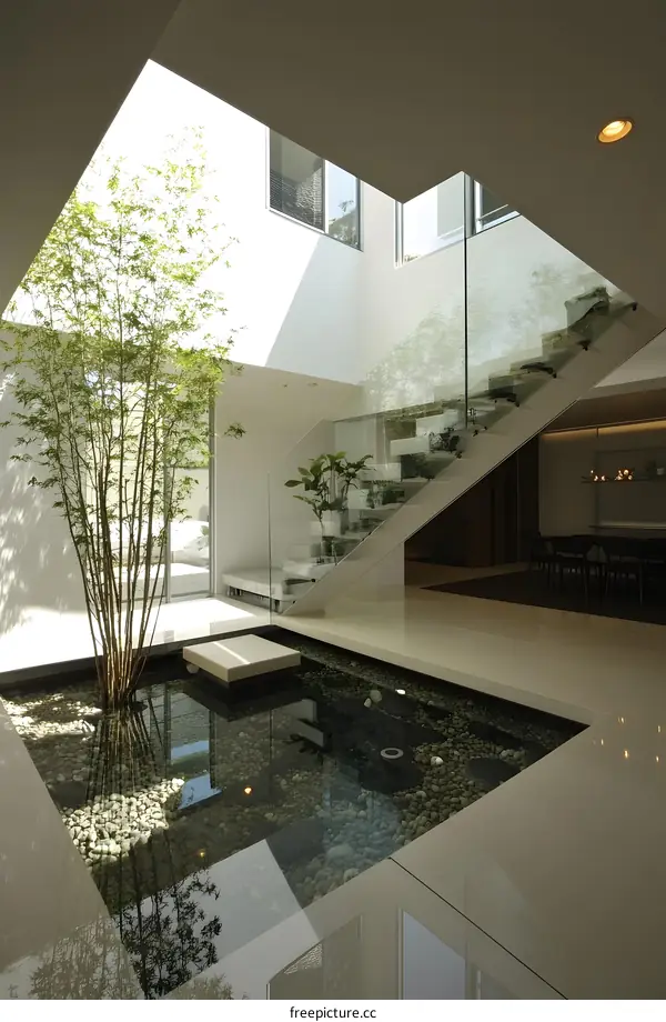 Modern Home Interior Design With Minimalist Staircase And Interior Courtyard
