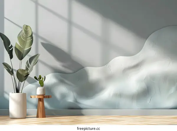 Minimalist Room Interior Design with Green Plant and Wooden Stool