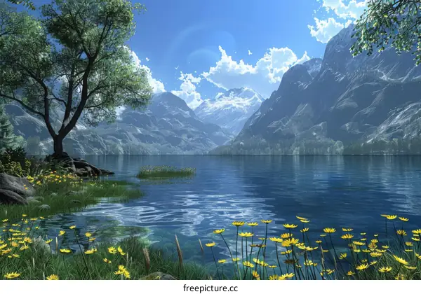 Summer Serenity: Mountains, Lake, and Yellow Flowers