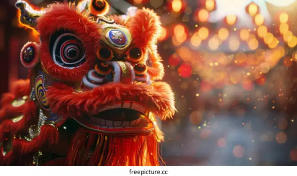A red and gold lion dance costume with a happy face