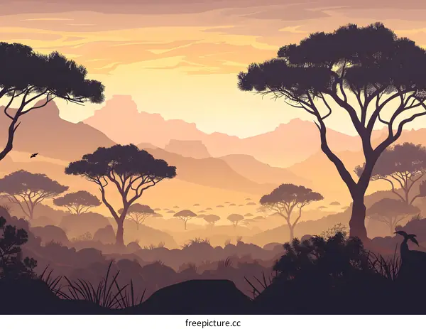 Silhouette of Trees and Mountains at Sunset
