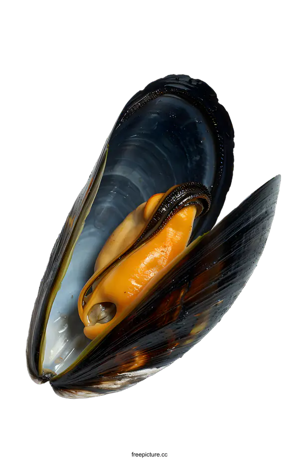 [Transparent Background PNG]A close up image of an open mussel showing the orange meat inside