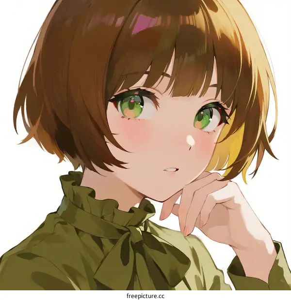 Anime Girl with Green Eyes and Brown Bob Hair
