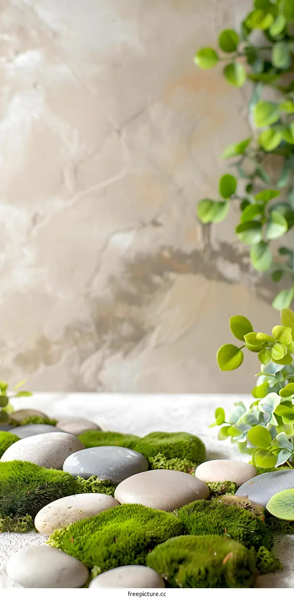 Green Moss and Stones on a White Background