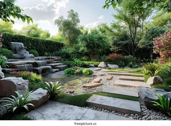 A Beautiful Tranquil Garden Pond with Waterfall and Koi