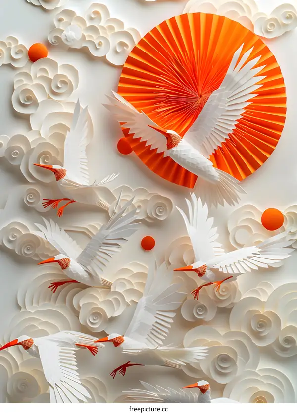 Papercraft Birds Flying Through White Clouds and Orange Sun
