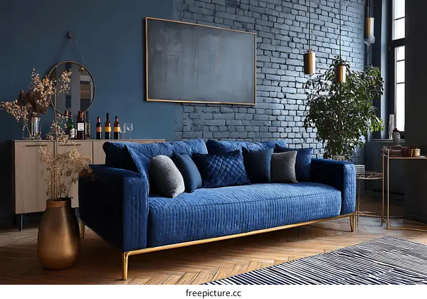 Modern Living Room with Blue Sofa and Brick Wall