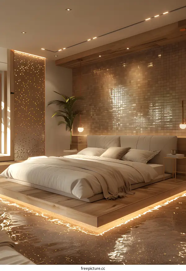 Luxurious Bedroom with Floating Bed on Tranquil Waters