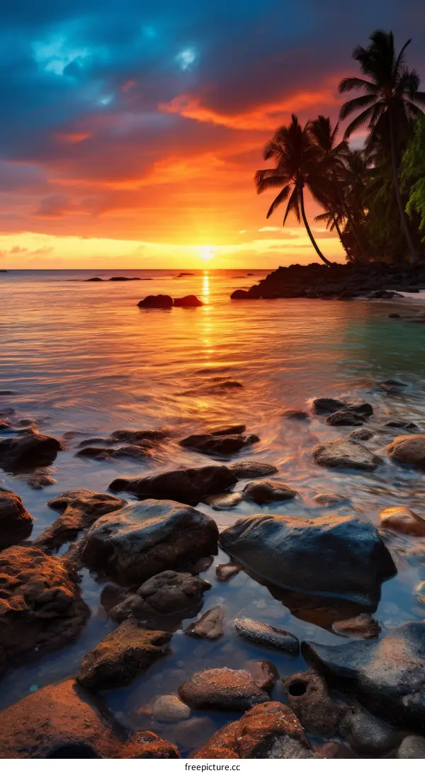 The setting sun casts a golden glow over the ocean and palm trees