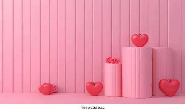 Pink Heart-Shaped Decorations on Cylindrical Platforms