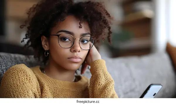 Thoughtful Young Woman with Glasses and Phone