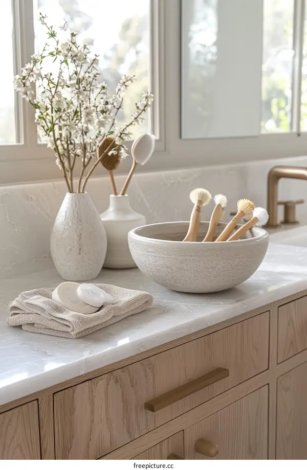 Ceramic Bowl and Vase with Flowers on Marble Countertop
