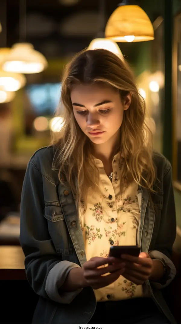 Young woman looking at her phone in a bar