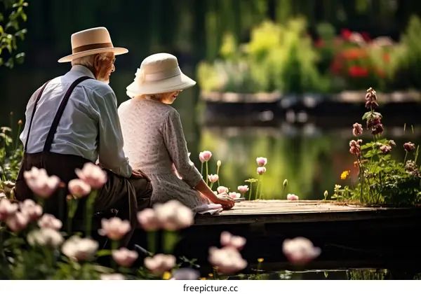 An elderly couple is sitting on a dock in a garden admiring the flowers.