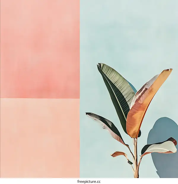 Tropical Plant Against a Pink and Blue Wall