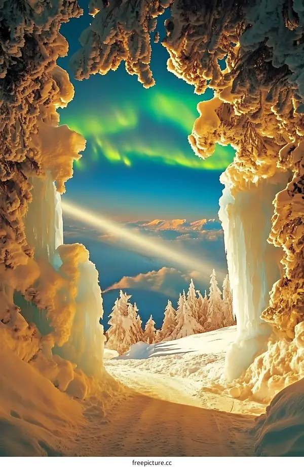Aurora Borealis View Through Snowy Trees