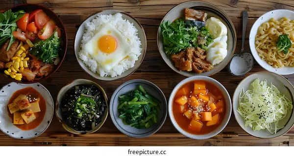 A delicious Korean meal with rice, soup, and side dishes