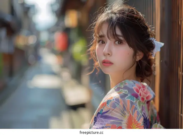 Japanese Woman in Kimono in a Traditional Japanese Street