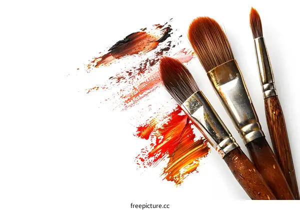 Three paintbrushes with different colors of oil paint