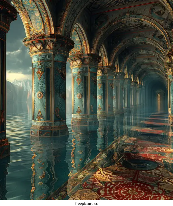 Ornate Hallway with Water Reflecting the Ceiling
