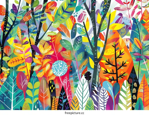 Abstract Colorful Forest Illustration With Different Shapes Of Leaves And Branches