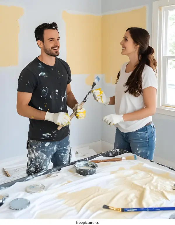 Happy Couple Painting Room Together During Home Renovation