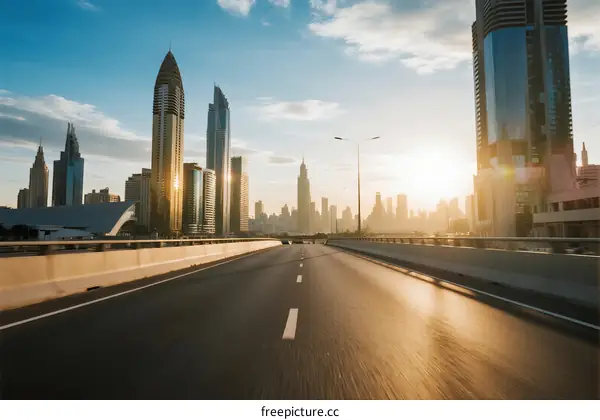 Modern city highway with tall skyscrapers under a sunny sky