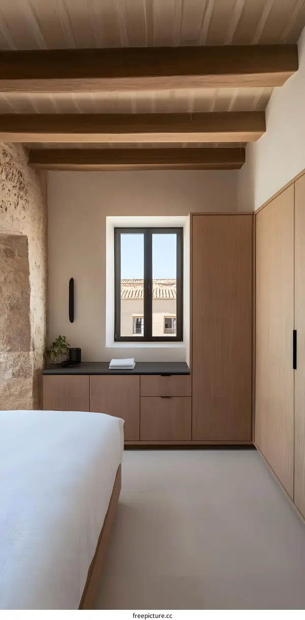 Modern Minimalist Bedroom Interior Design With Wooden Beams And Large Window