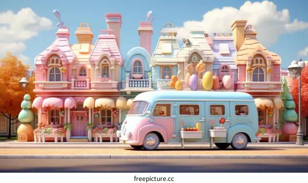 A colorful illustration of a street with a blue van and pink houses