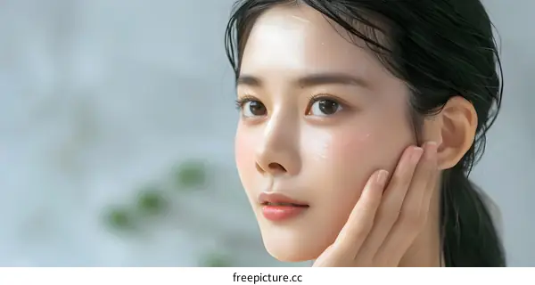 Closeup Portrait of a Beautiful Asian Woman Applying Face Cream