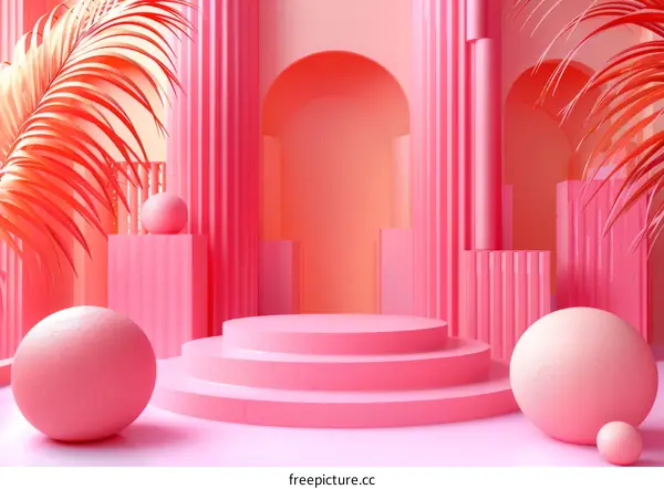 Pink Podium with Arches and Palm Leaves