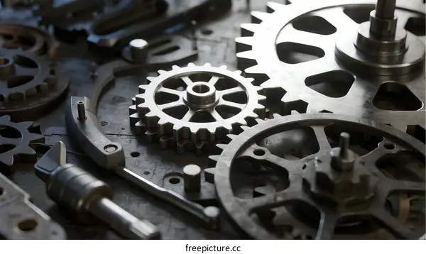 Close-up view of metal gears in mechanical machinery