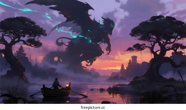 A Mysterious Dragon Flying Over a Serene Lake at Sunset