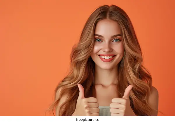 Young beautiful smiling woman with long blond hair showing thumbs up