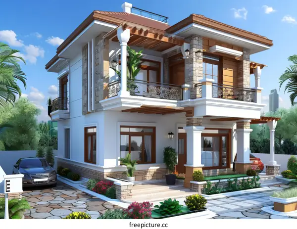 A 3D rendering of a two-story house with a modern design
